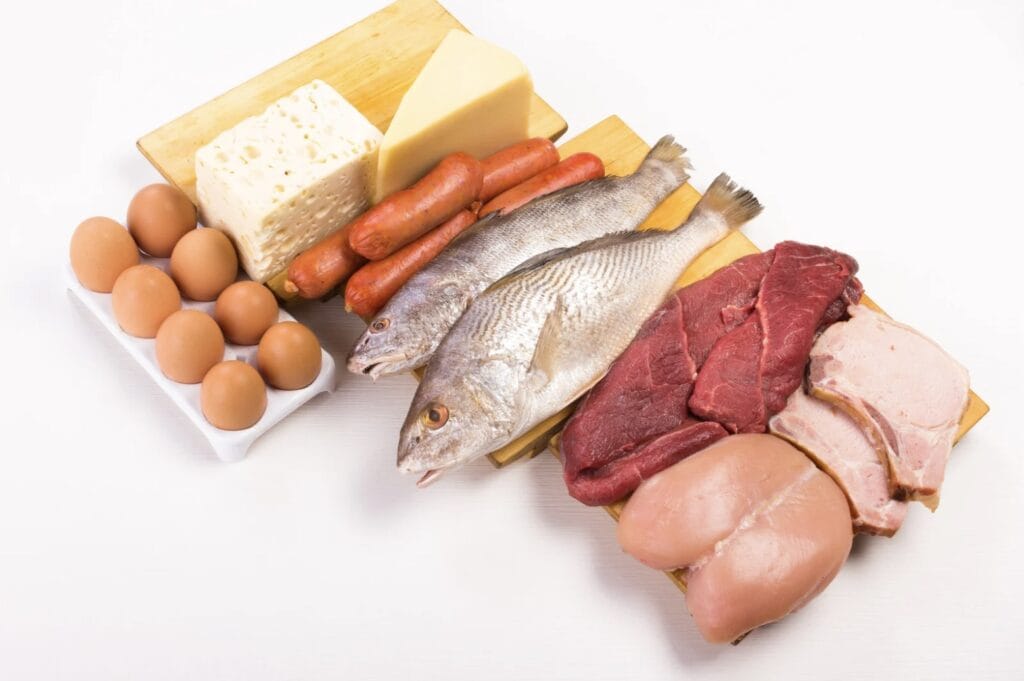 protein rich foods including eggs, fish, and red meat